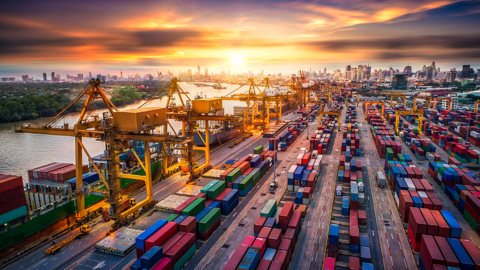 Global shipping logistics terminal at dusk, showing rows of cargo containers and yellow port cranes ready for freight distribution.